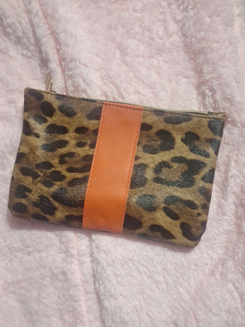 ipsy Leopard Print Wristlet with Orange Center Stripe